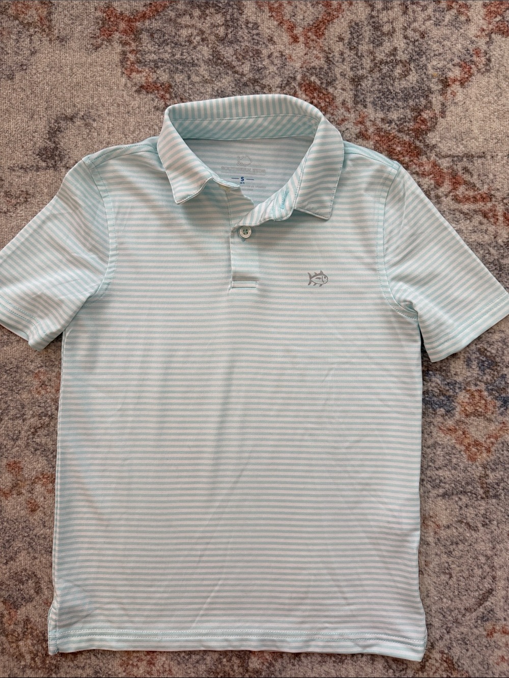 Southern Tide Boys Light Aqua Stripe Performance Polo Shirt. Size S. Like new